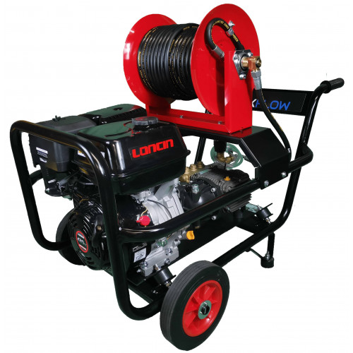 Maxflow Industrial Pressure Washer - Loncin G420 21 LPM Gearbox Driven Trolley Frame - Reel (Electric Start)