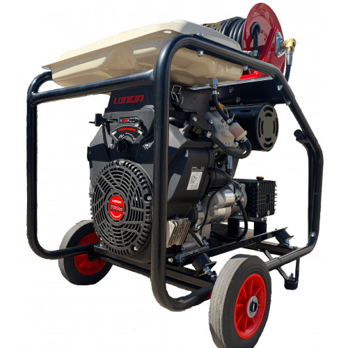 Maxflow Industrial Twin-Cylinder Pressure Washer - Loncin LC2V80FD-1 33 LPM Comet Pump Trolley Frame + Reel (Electric Start)