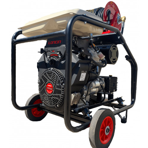 Maxflow Industrial Twin-Cylinder Pressure Washer - Loncin LC2V80FD-1 41 LPM Interpump Trolley Frame + Reel (Electric Start)